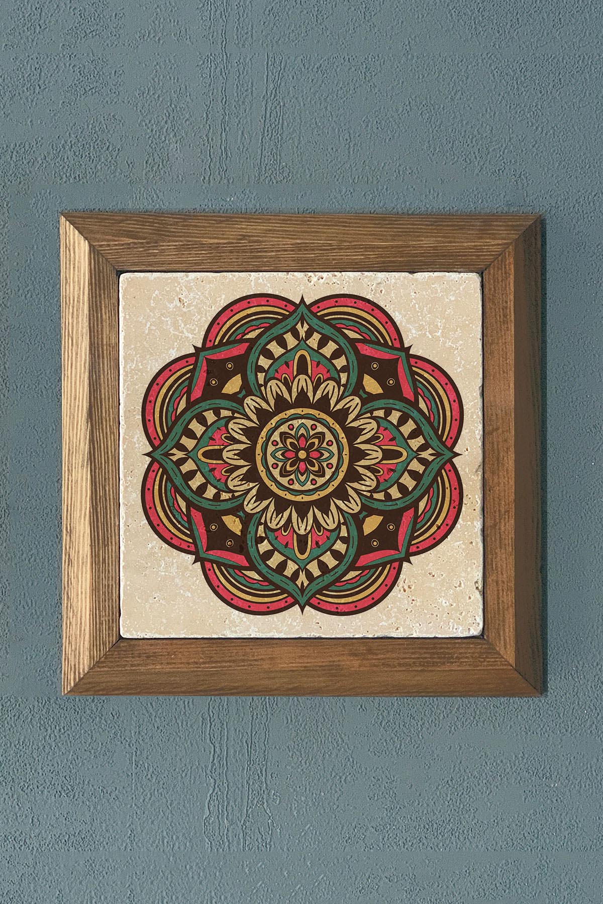 Taş Tablo- Oscar Stone Decor Mandala Masif Ahşap Çerçeveli Taş Tablo -Duvar Dekoru-28X28 CM