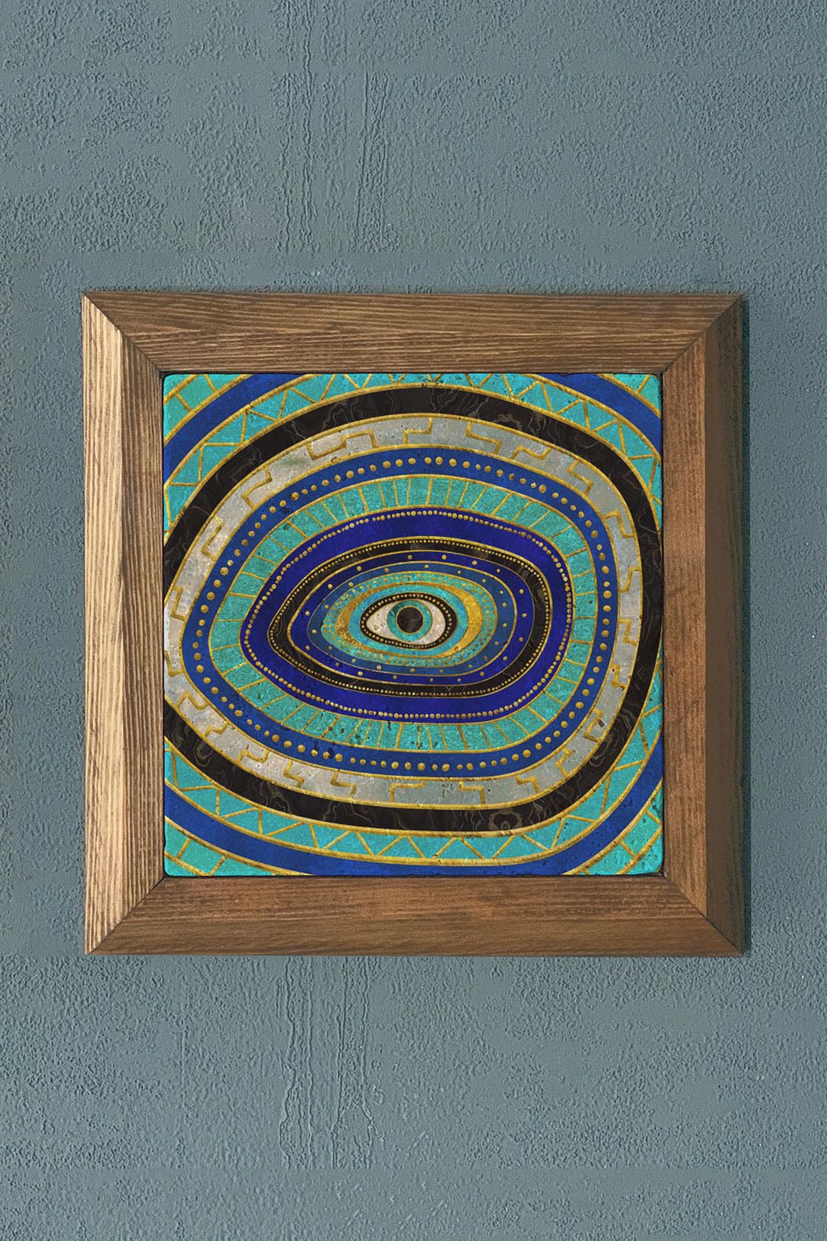 Taş Tablo- Oscar Stone Decor Nazar Göz Masif Ahşap Çerçeveli Taş Tablo -Duvar Dekoru-28X28 CM