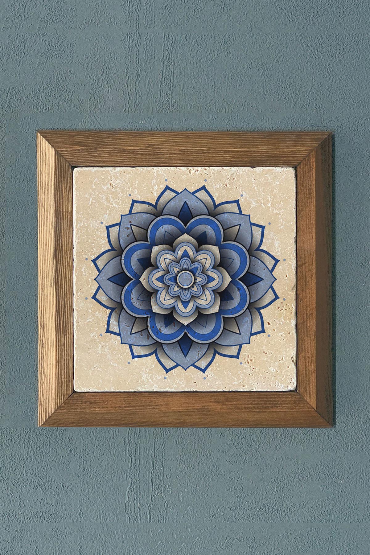 Taş Tablo- Oscar Stone Decor Yaşam Çiçeği Mandala Masif Ahşap Çerçeveli -Duvar Dekoru-28X28 CM