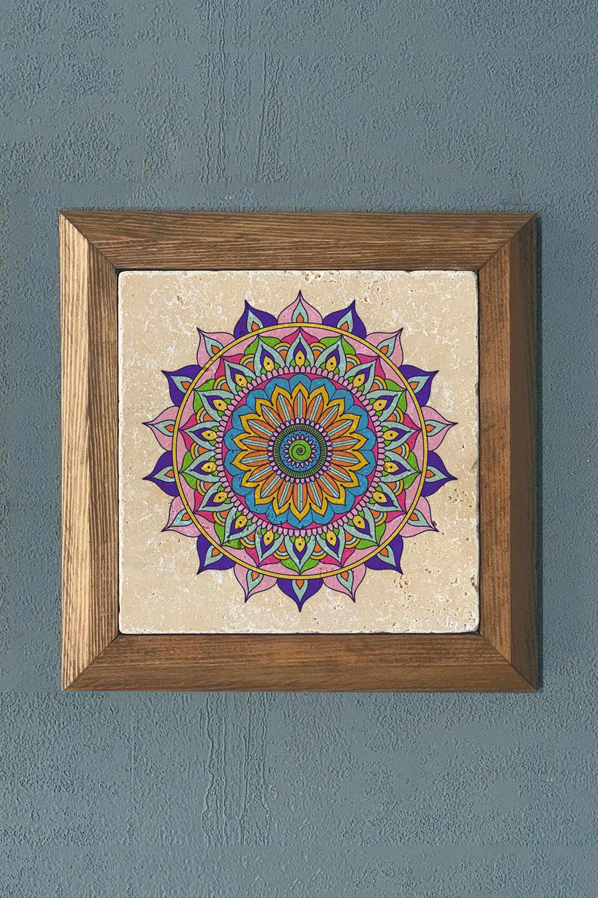 Taş Tablo- Oscar Stone Decor Yaşam Çiçeği Mandala Masif Ahşap Çerçeveli Duvar Dekoru-28X28 CM