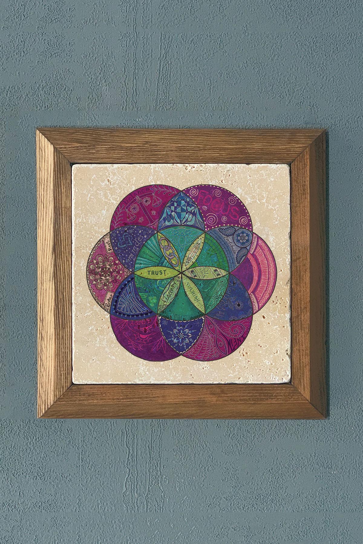 Taş Tablo- Oscar Stone Decor Yaşam Çiçeği Masif Ahşap Çerçeveli Taş Tablo -Duvar Dekoru-28X28 CM