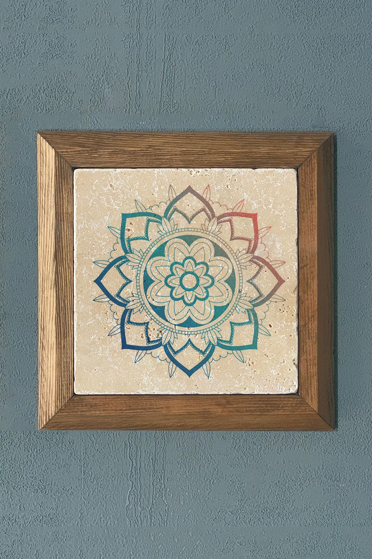 Taş Tablo- Oscar Stone Decor Yaşam Çiçeği Mandala Masif Ahşap Çerçeveli Duvar Dekoru-28X28 CM