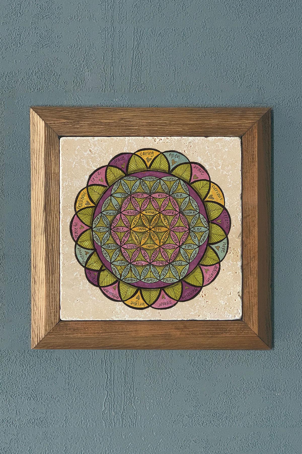 Taş Tablo- Oscar Stone Decor Yaşam Çiçeği Masif Ahşap Çerçeveli Taş Tablo -Duvar Dekoru-28X28 CM