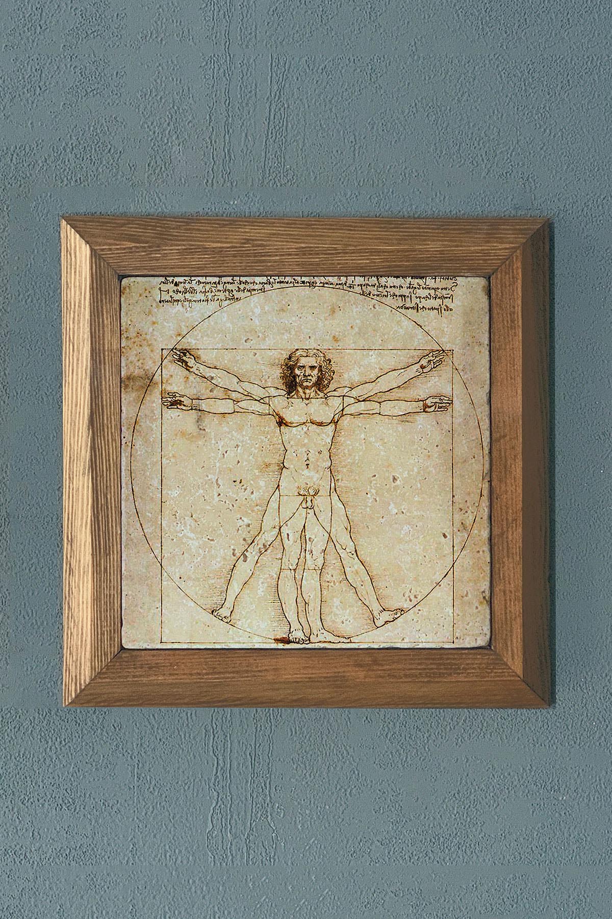 Vitruvius Adamı - Leonardo da Vinci-Masif Çerçeveli Taş Tablo- Oscar Stone Decor 28X28 CM