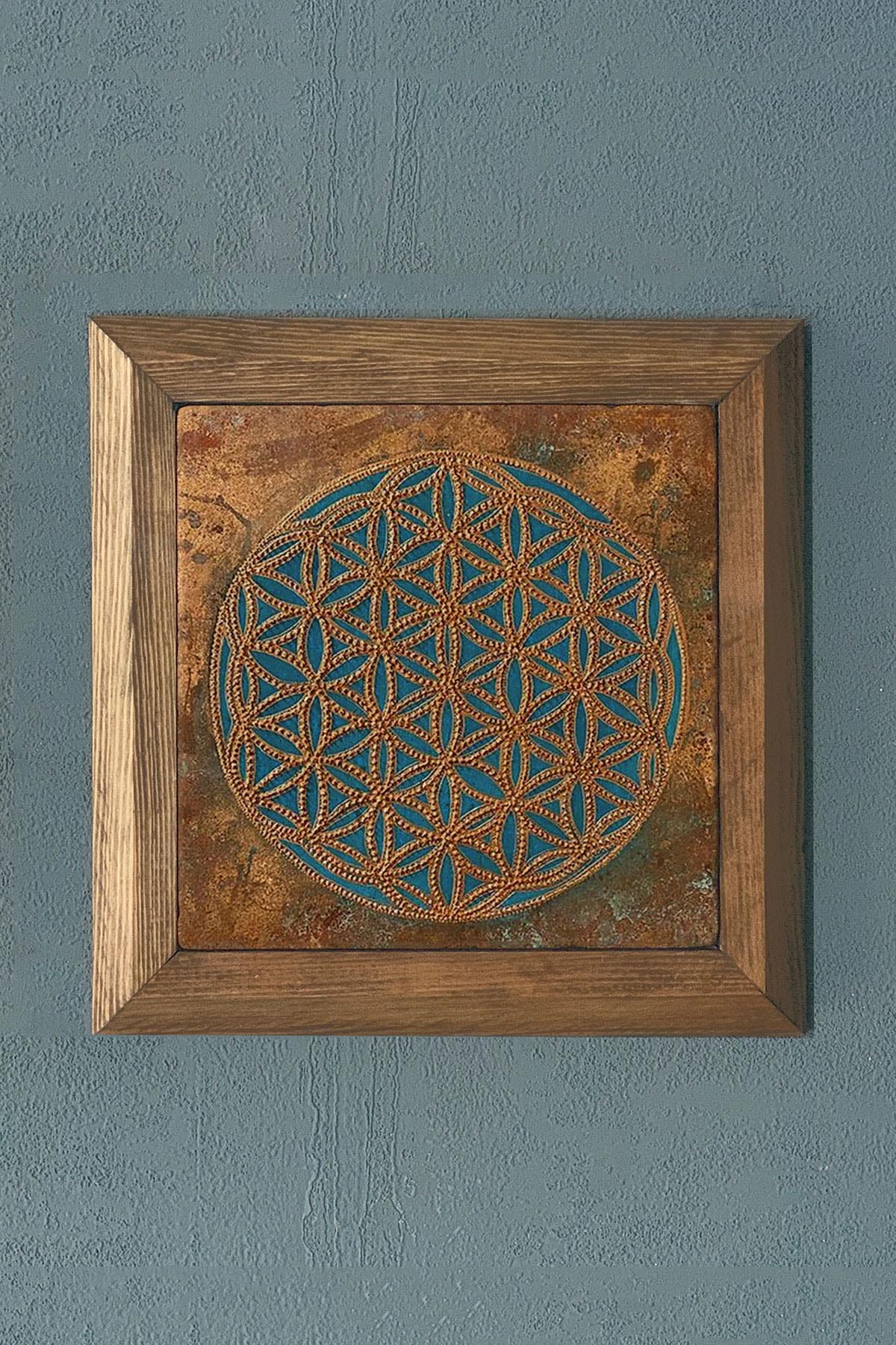 YAŞAM ÇİÇEĞİ -Masif Çerçeveli Taş Tablo-Duvar Dekoru- Oscar Stone Decor 28X28 CM
