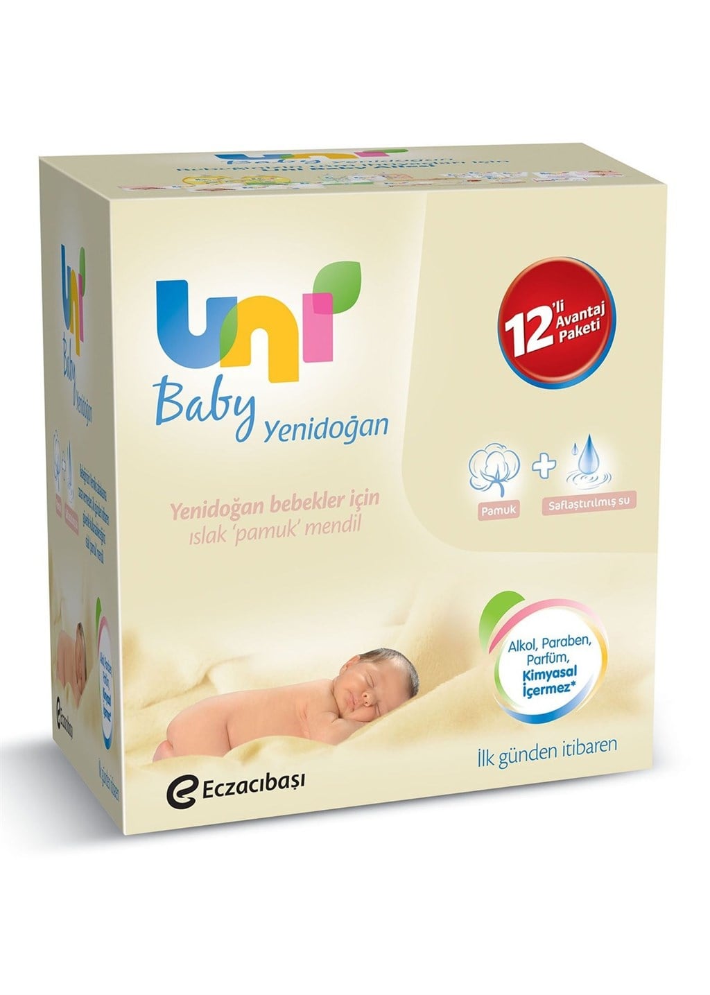 UNİ BABY YENİDOĞAN ISLAK PAMUK MENDİL 12'Lİ