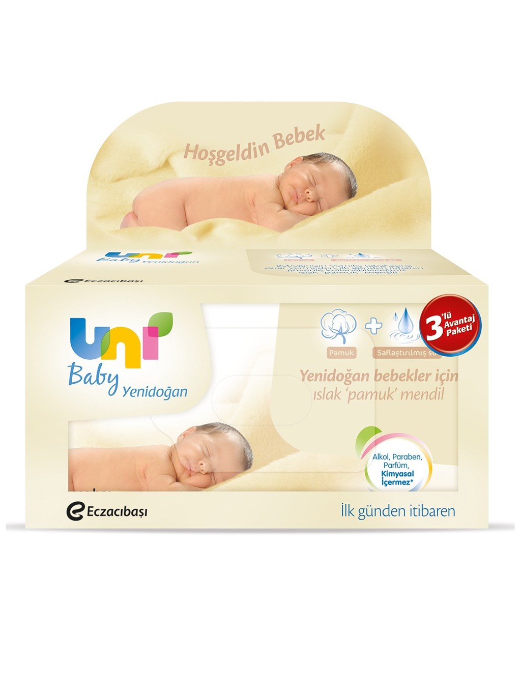 UNİ BABY YENİDOĞAN ISLAK PAMUK MENDİL 3'LÜ