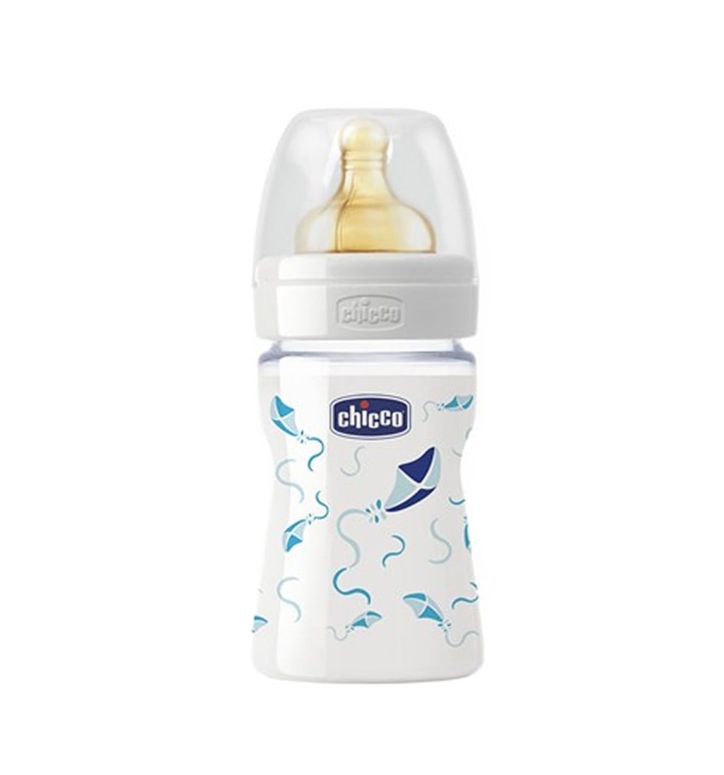 CHİCCO CAM BİBERON 150 ML - KAUÇUK EMZİK (MAVİ)