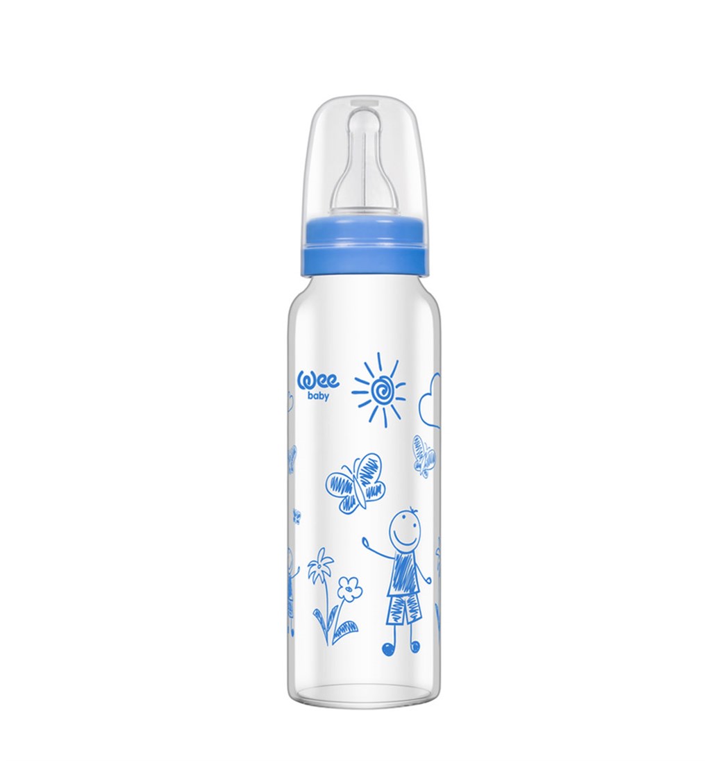WEE BABY ISIYA DAYANIKLI CAM BİBERON 8-16AY 240ML - MAVİ