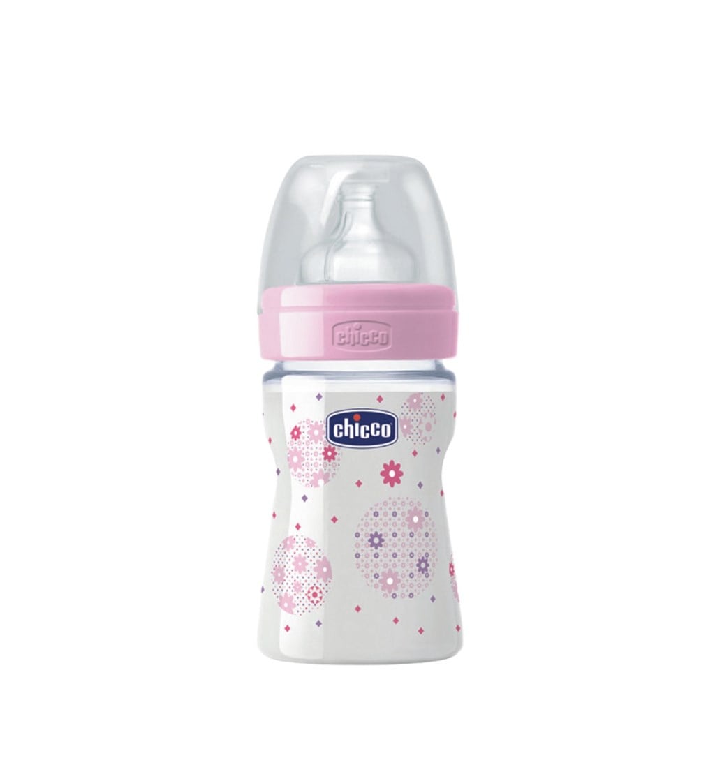 CHİCCO CAM BİBERON 150 ML - KAUÇUK EMZİK (PEMBE)