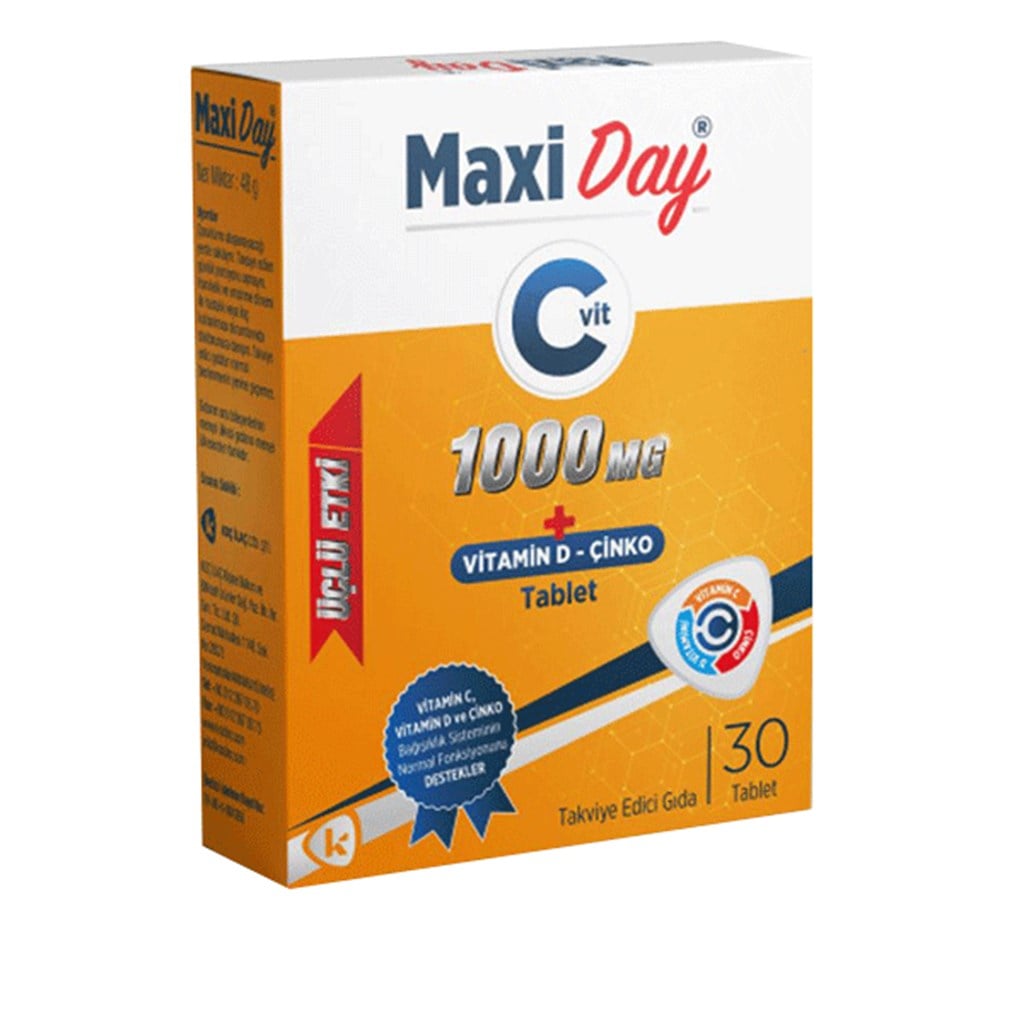 MaxiDay Üçlü Etki Vitamin C, Çinko ve Vitamin D3 30 Tablet