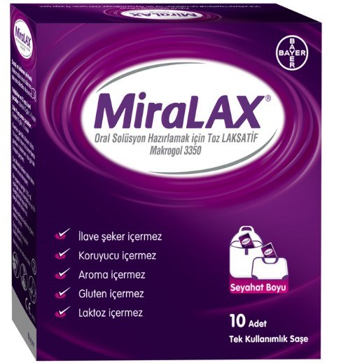 Miralax Oral Solüsyon Hazırlamak İçin Toz Laksatif Makrogol 3350 10 Adet Tek Kullanımlık Saşe