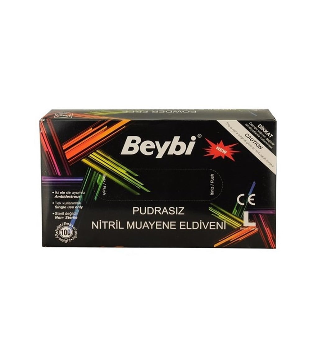 BEYBİ NİTRİL MUAYENE ELDİVENİ PUDRASIZ SİYAH LARGE (L)