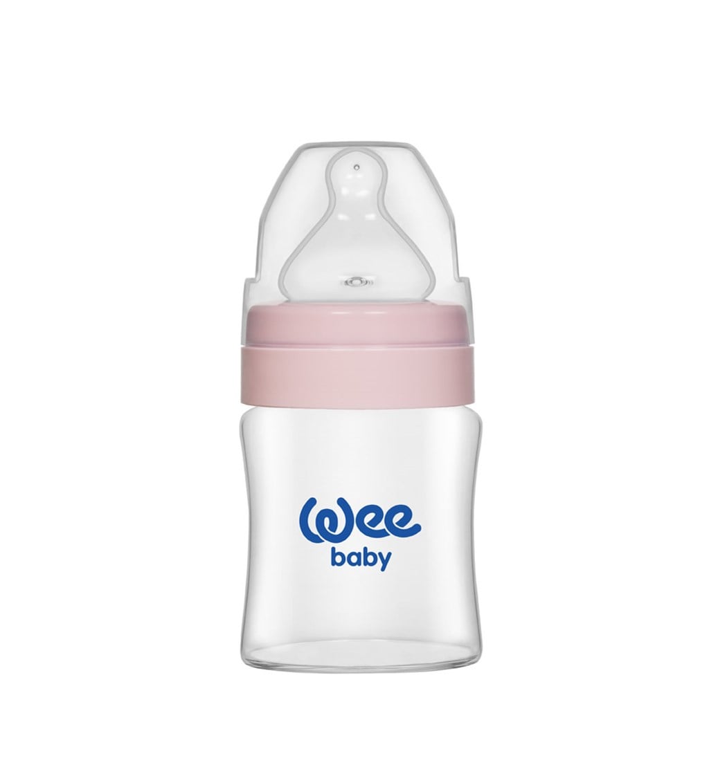 WEE BABY ISIYA DAYANIKLI GENİŞ AĞIZLI CAM BİBERON 0-6AY 120ML - PEMBE