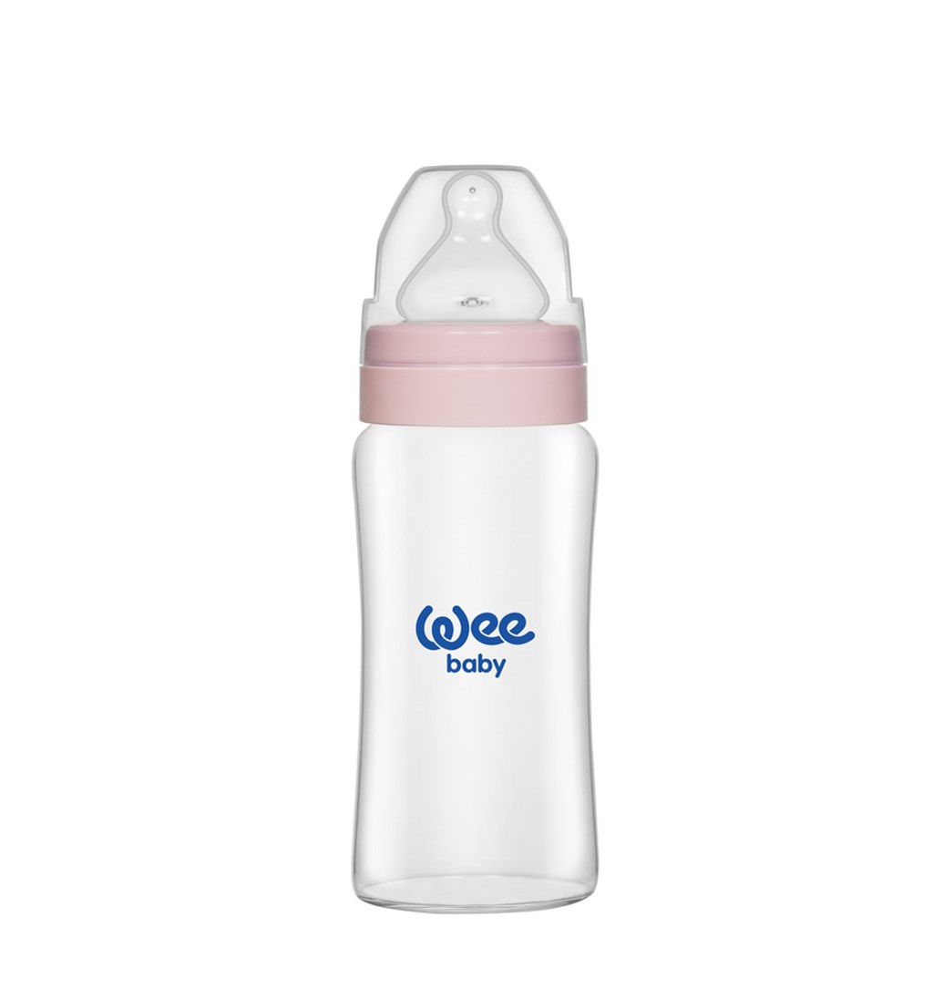 WEE BABY ISIYA DAYANIKLI GENİŞ AĞIZLI CAM BİBERON 0-6AY 250ML - PEMBE