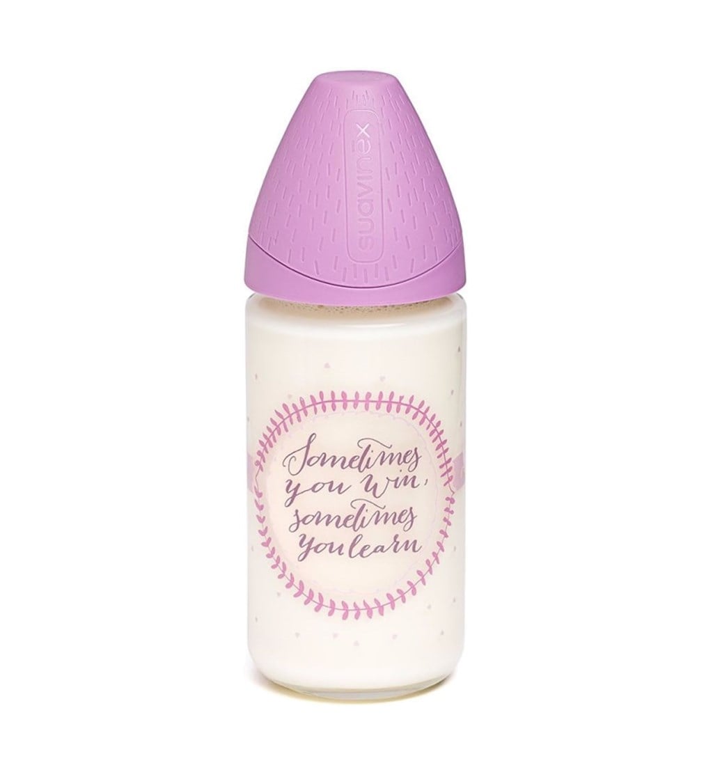 SUAVİNEX GENİŞ AĞIZLI SİLİKON EMZİK CAM BİBERON 240ML - 3 POZİSYON - LEARN - MOR