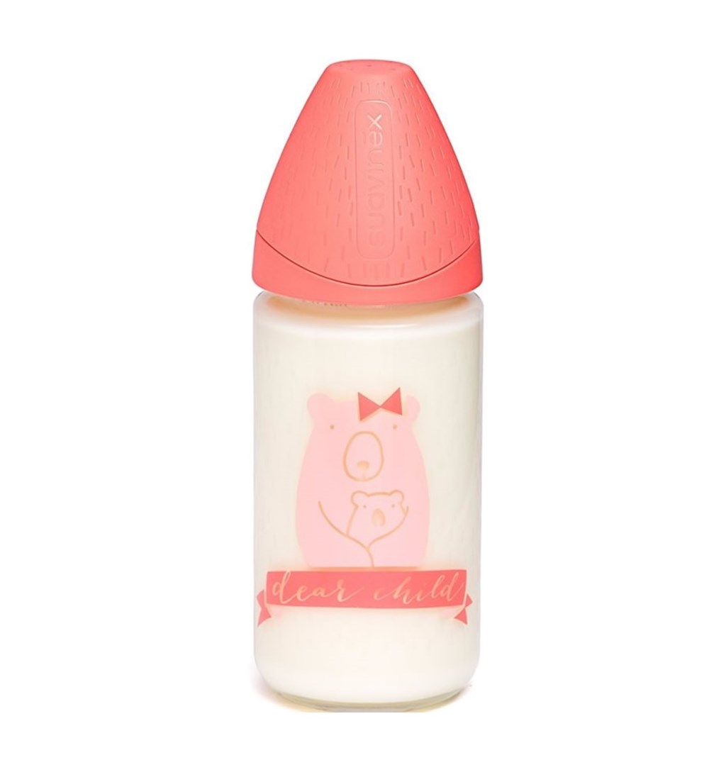 SUAVİNEX GENİŞ AĞIZLI SİLİKON EMZİK CAM BİBERON 240ML - 3 POZİSYON - BEAR - PEMBE