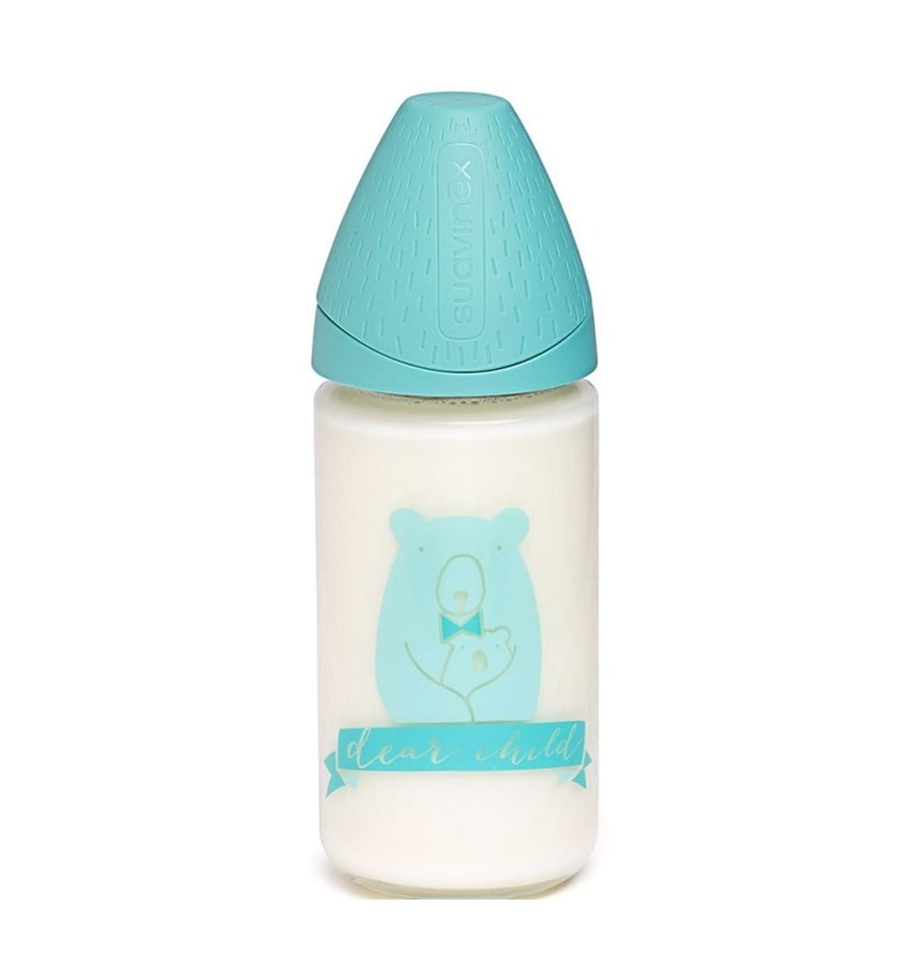 SUAVİNEX GENİŞ AĞIZLI SİLİKON EMZİK CAM BİBERON 240ML - 3 POZİSYON - BEAR - YEŞİL