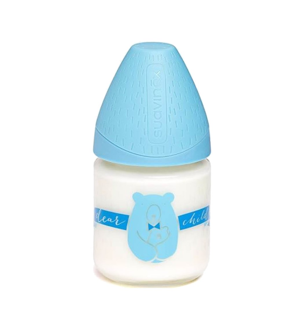 SUAVİNEX GENİŞ AĞIZLI SİLİKON EMZİK CAM BİBERON 120ML - 3 POZİSYON - BEAR - MAVİ