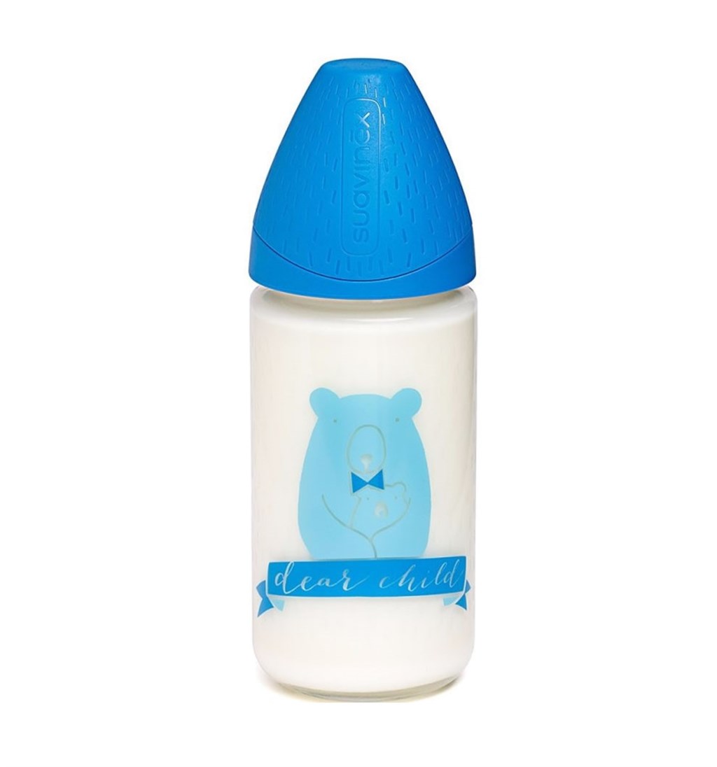 SUAVİNEX GENİŞ AĞIZLI SİLİKON EMZİK CAM BİBERON 240ML - 3 POZİSYON - BEAR - MAVİ