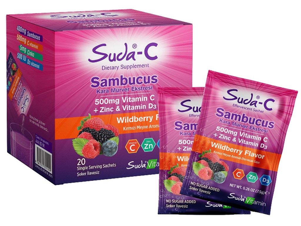 Suda Vitamin Sambucus Kara Mürver Ekstresi 500mg Vitamin C + Zinc + D3 20 Saşe