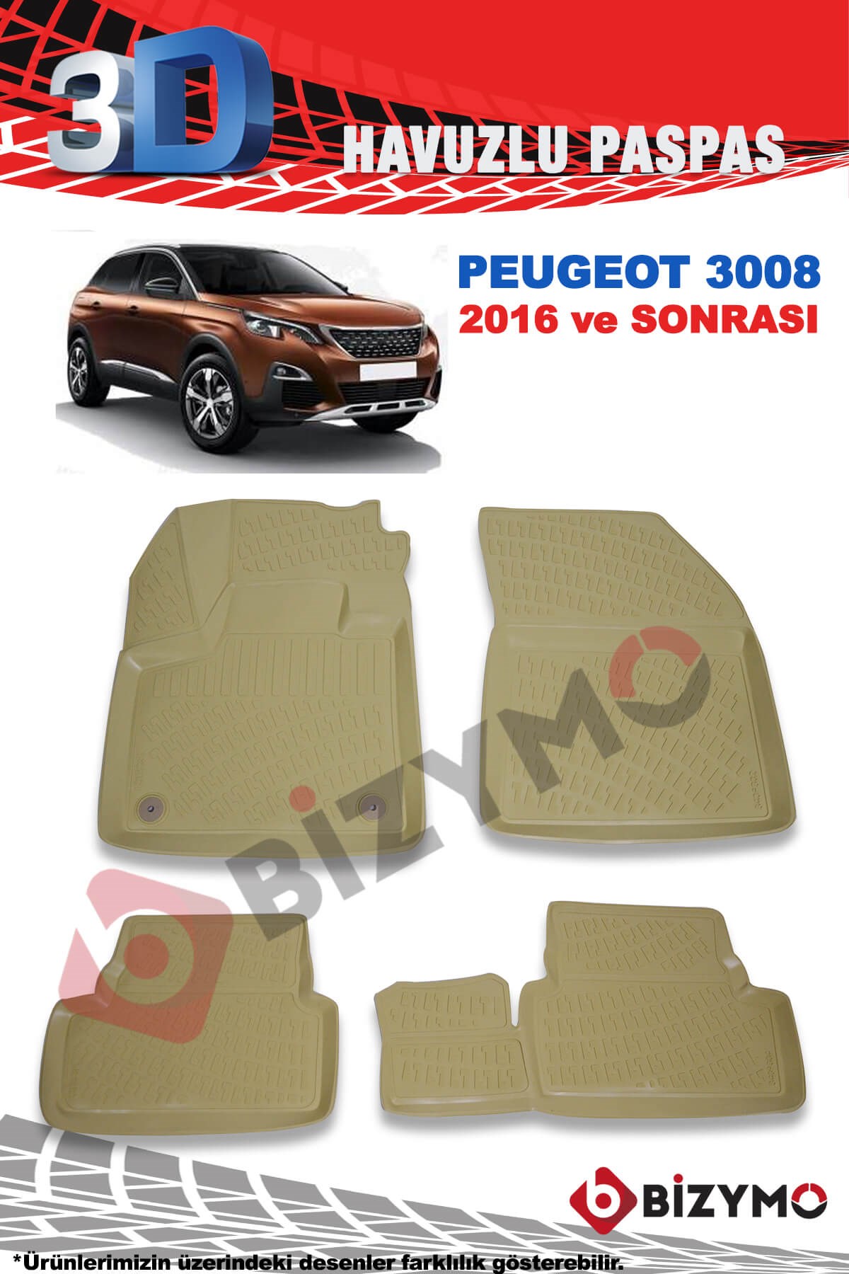 Peugeot 3008 2016 Ve Sonrası 3D Havuzlu Bej Paspas Takımı Bizymo