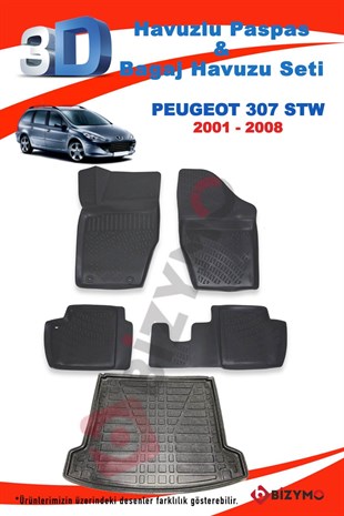 Peugeot 307 Stw 2001-2008 3D Paspas ve Bagaj Havuzu Takımı Bizymo