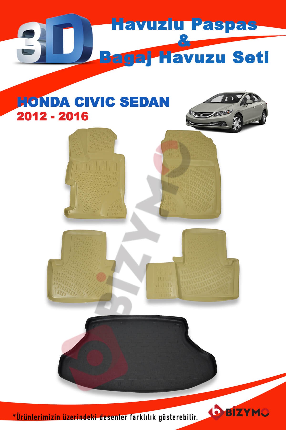 Honda Civic Sedan 2012-2016 Bej Paspas ve Bagaj Havuzu Seti