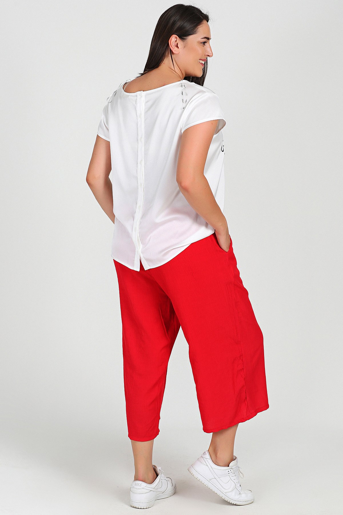 Kırmızı Beli Lastikli Kapri Pantolon | Womenice
