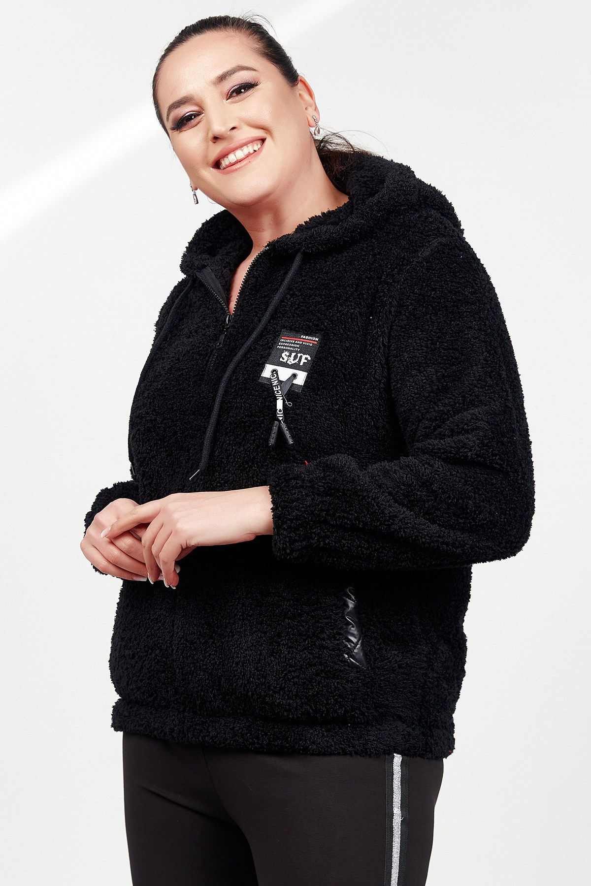 Kadın Siyah Polar Cepli Spor Büyük Beden Sweatshirt