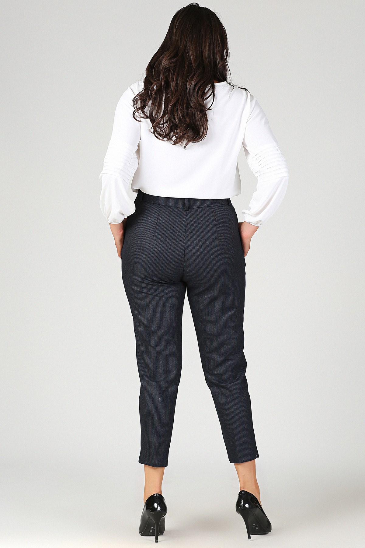 Lacivert Çizgili Klasik Kumaş Pantolon | Womenice