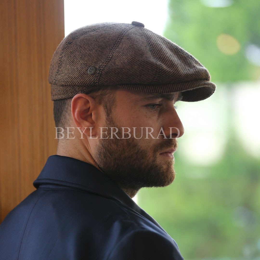 Hardal Çizgi Desenli İngiliz Stili Kışlık Erkek Şapka