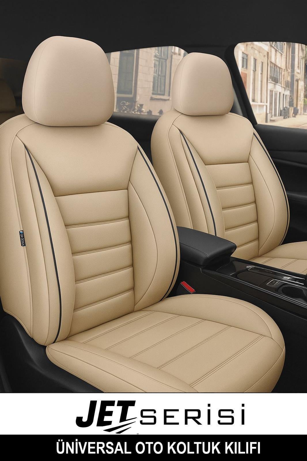 Jet Bej Deri Üniversal Oto Koltuk Kılıfı (Peugeot 206-207-208-306-307-407- Uyumlu)