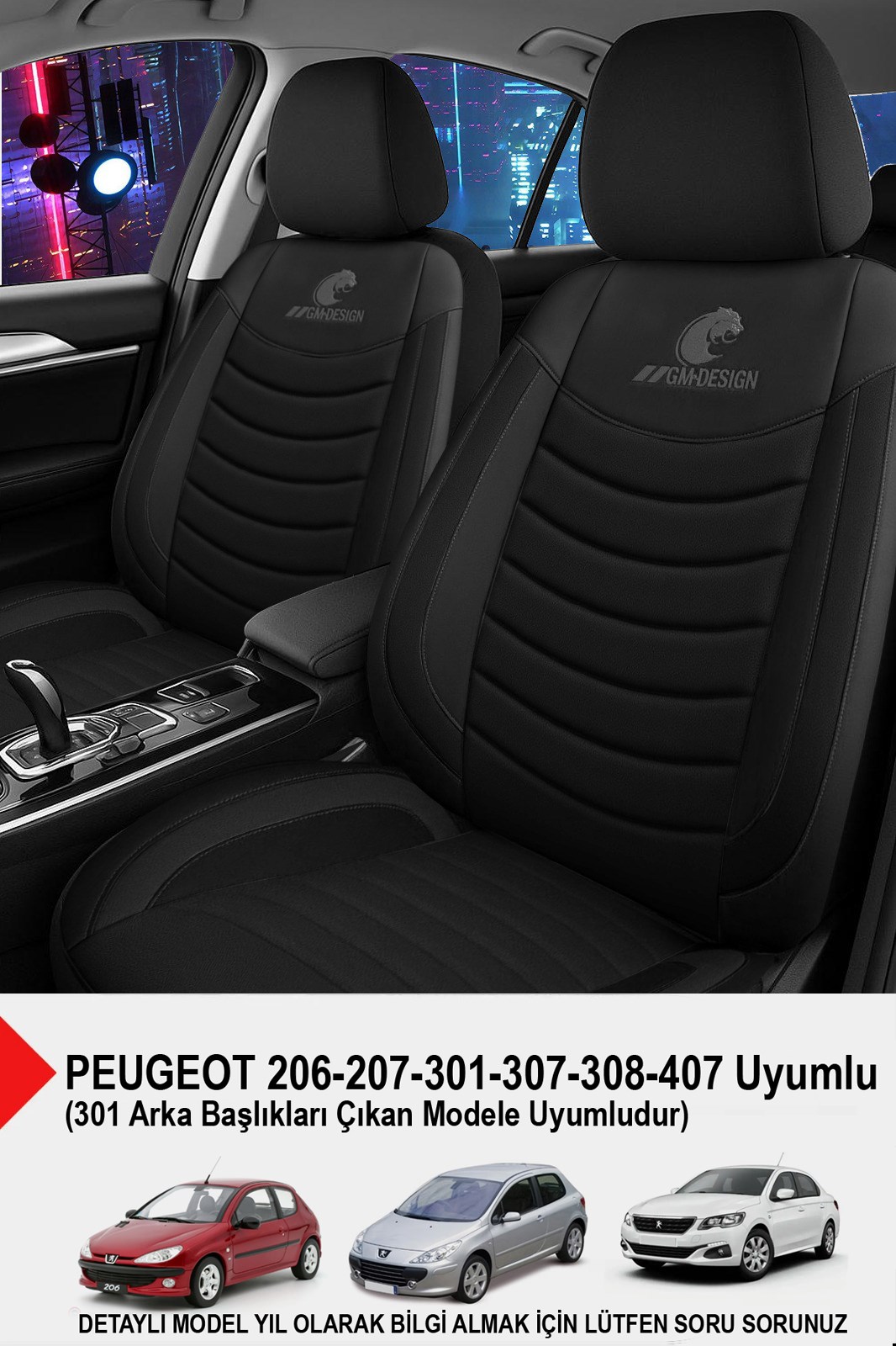 Panther Serisi Siyah Keten Kumaş Oto Koltuk Kılıfı (Peugeot 206-207-208-306-307-407- Uyumlu)