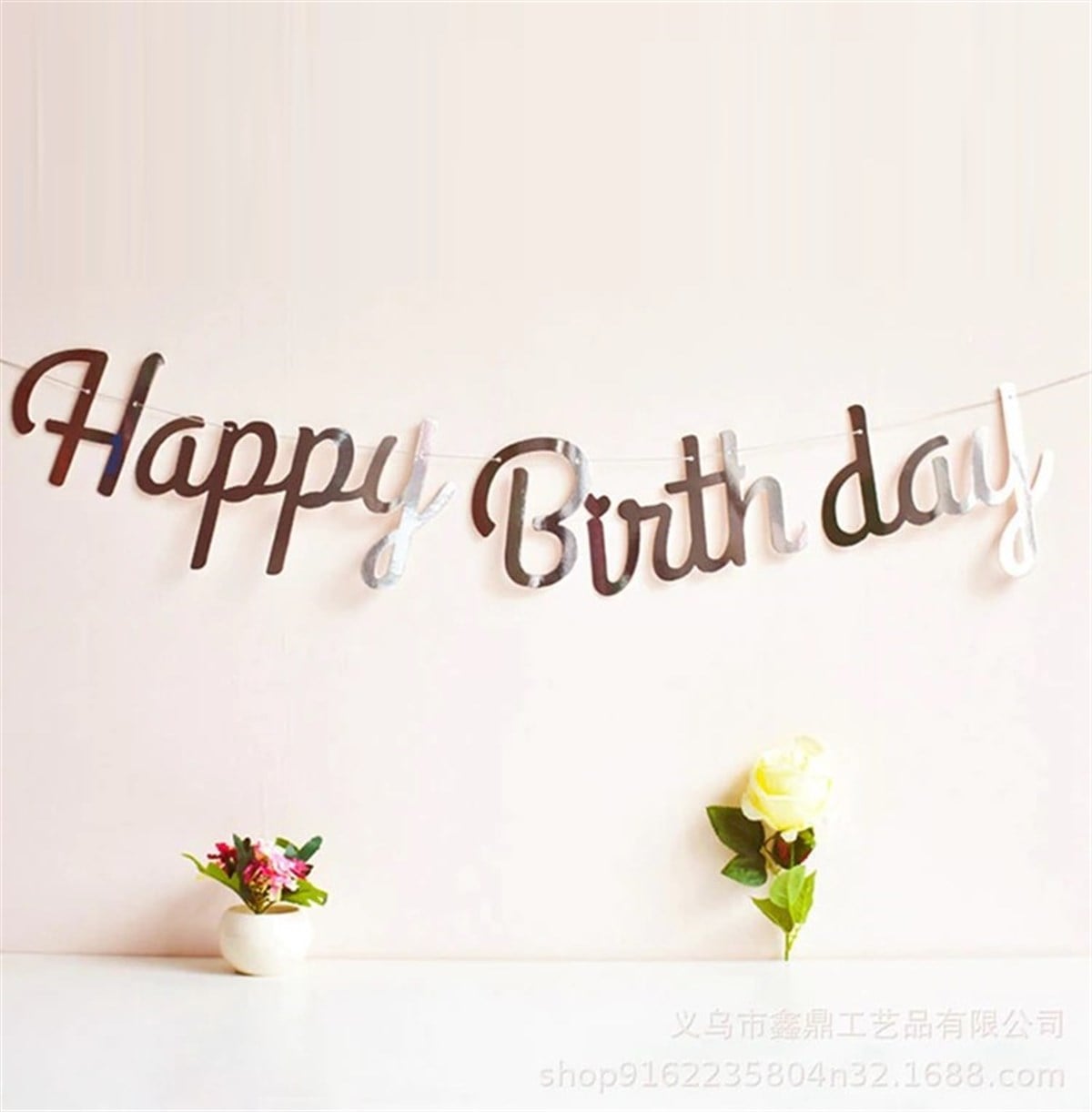 KBK Market Happy Birthday Banner Gümüş Kaligrafi