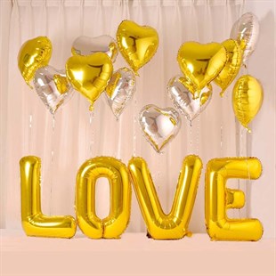 Özel Gün Kalpli Altın Love Folyo Balon ve Kalp Balon Seti