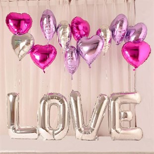Sevgililer Günü Romantik Gümüş Love Folyo Balon ve Kalp Balon Seti