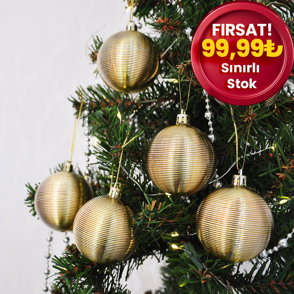 KBK Market 6 cm Parlak Altın Çizgili Top Süs 6 Adet
