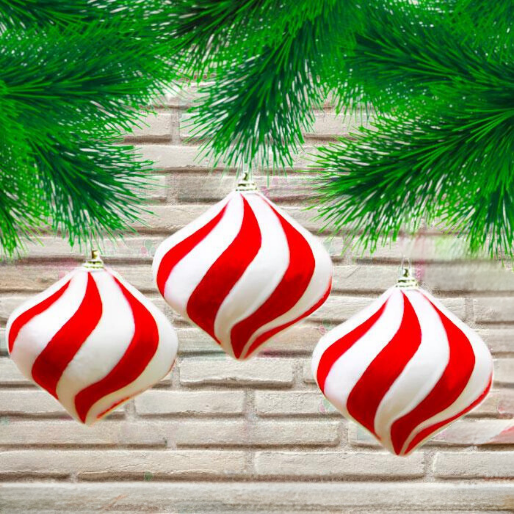 KBK Market 8 cm Lüks Peluş Kırmızı Desenli Yılbaşı Topaç Süs 3 Adet 