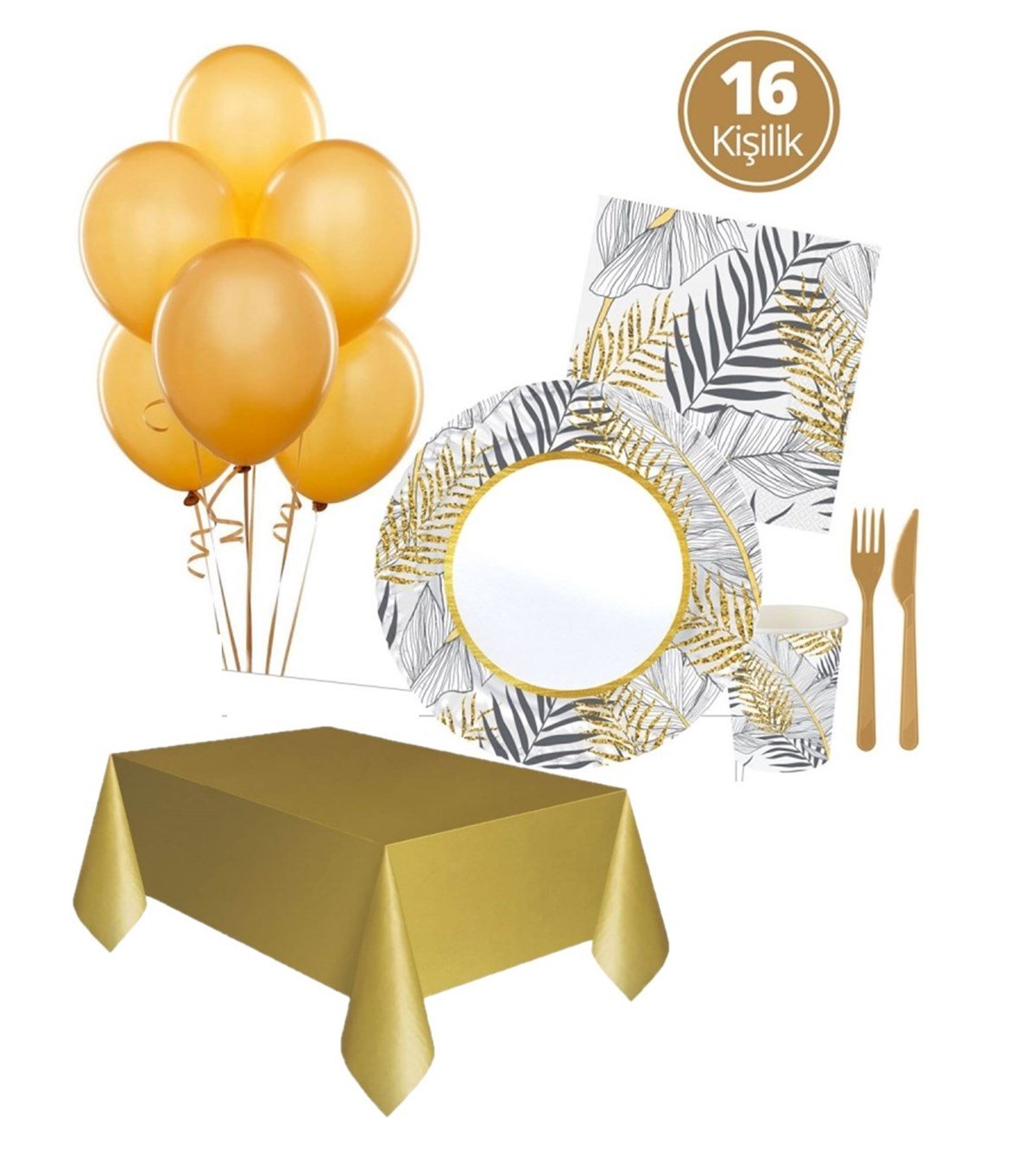 KBK Market Altın Simli Yapraklar Beyaz Doğum Günü Seti 16 Kişilik Set