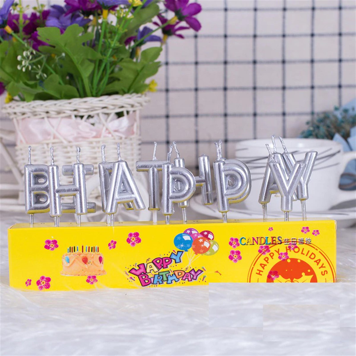 KBK Market Lüks Happy Birthday Yazılı Doğum Günü Mum Seti Gümüş