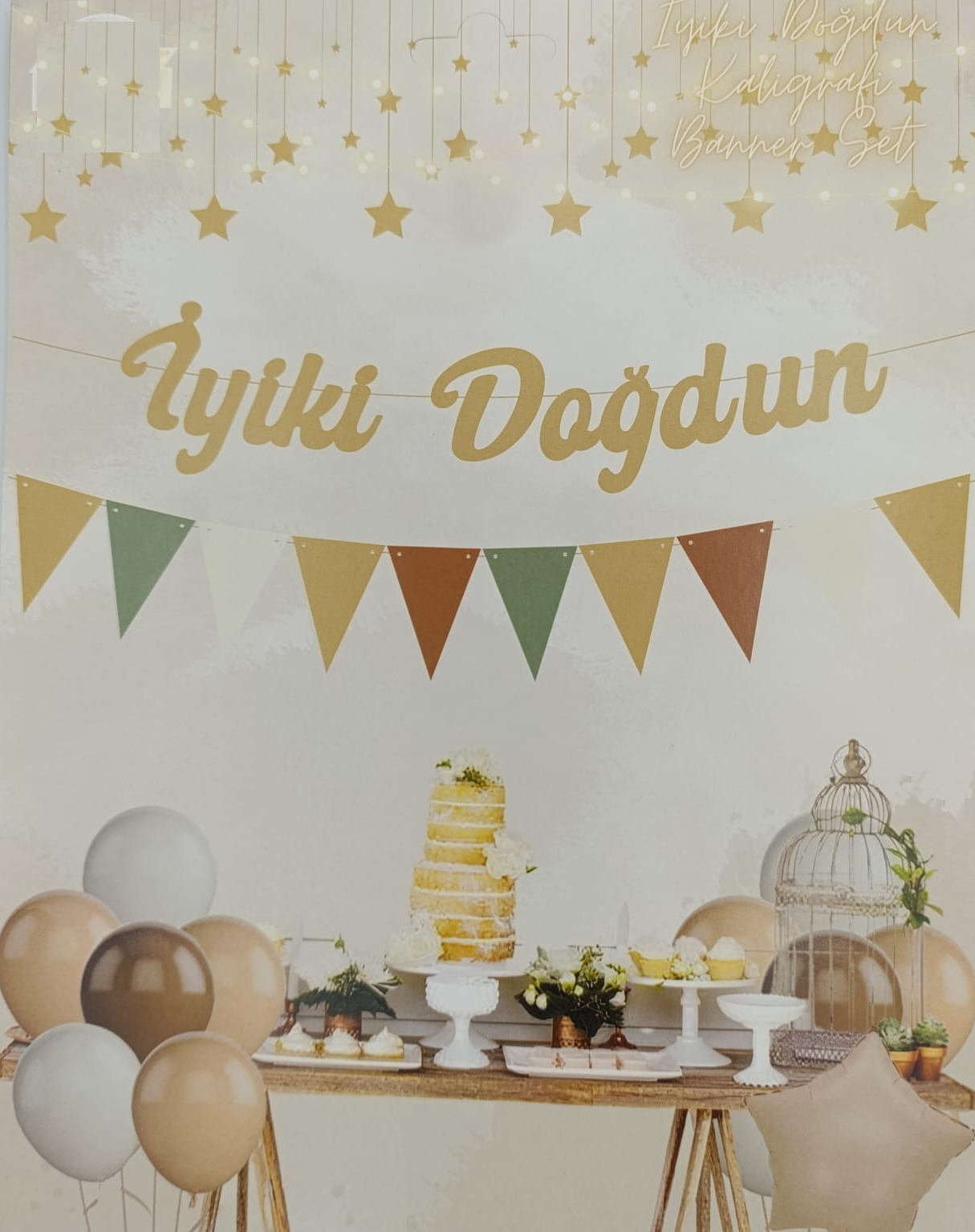 KBK Market Retro Kaligrafi İyi ki Doğdun ve Üçgen Flama Set Krem Banner
