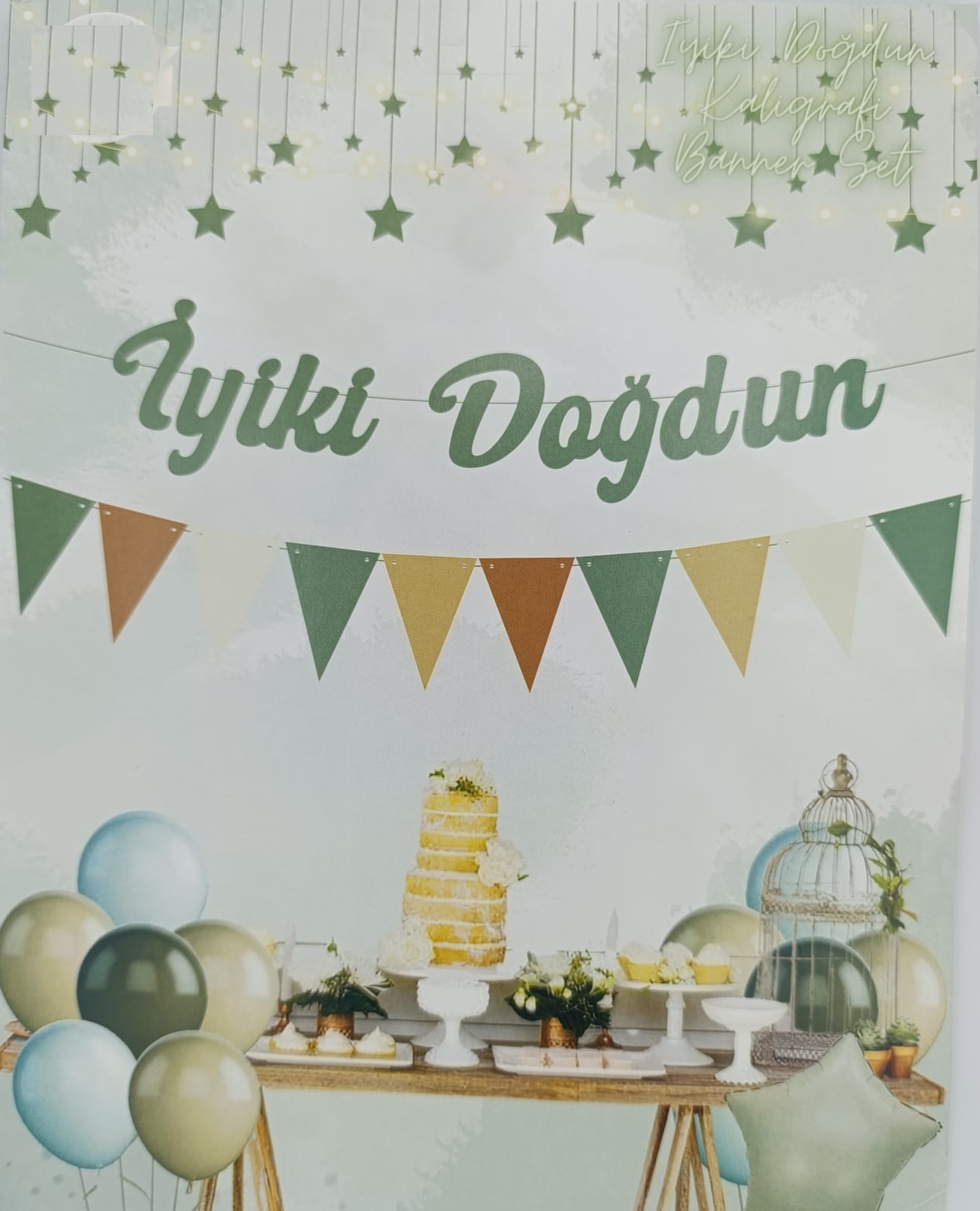 KBK Market Retro Kaligrafi İyi ki Doğdun ve Üçgen Flama Set Yeşil Banner