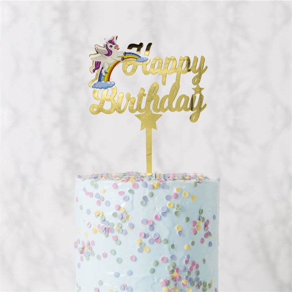 KBK Market Unicorn Happy Birthday Pasta Üzeri Pleksi Yazı Altın