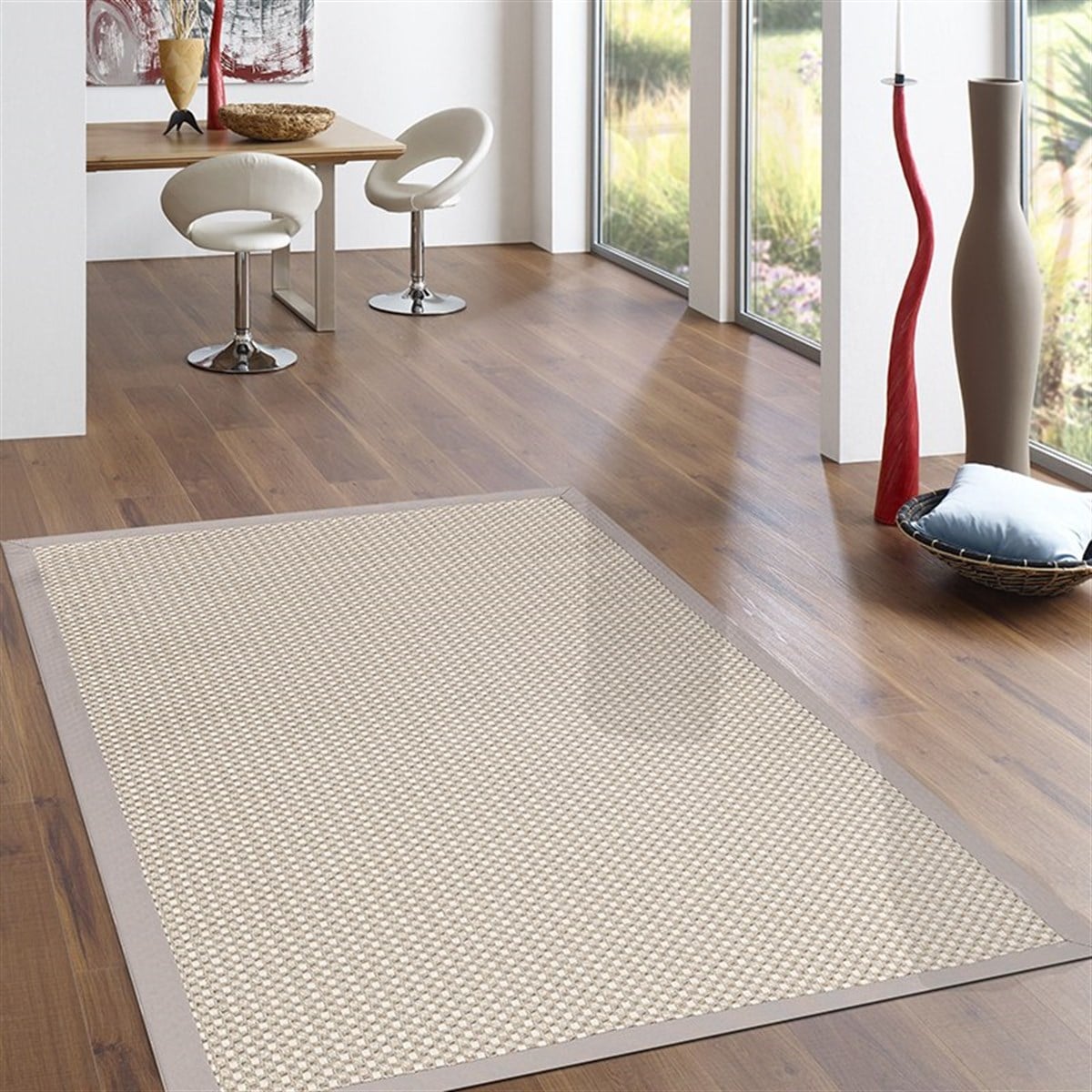 Gri Bordürlü Bej Halı Dış Mekana Uygun Modern Makine Halısı 20981A KREM GRİ 