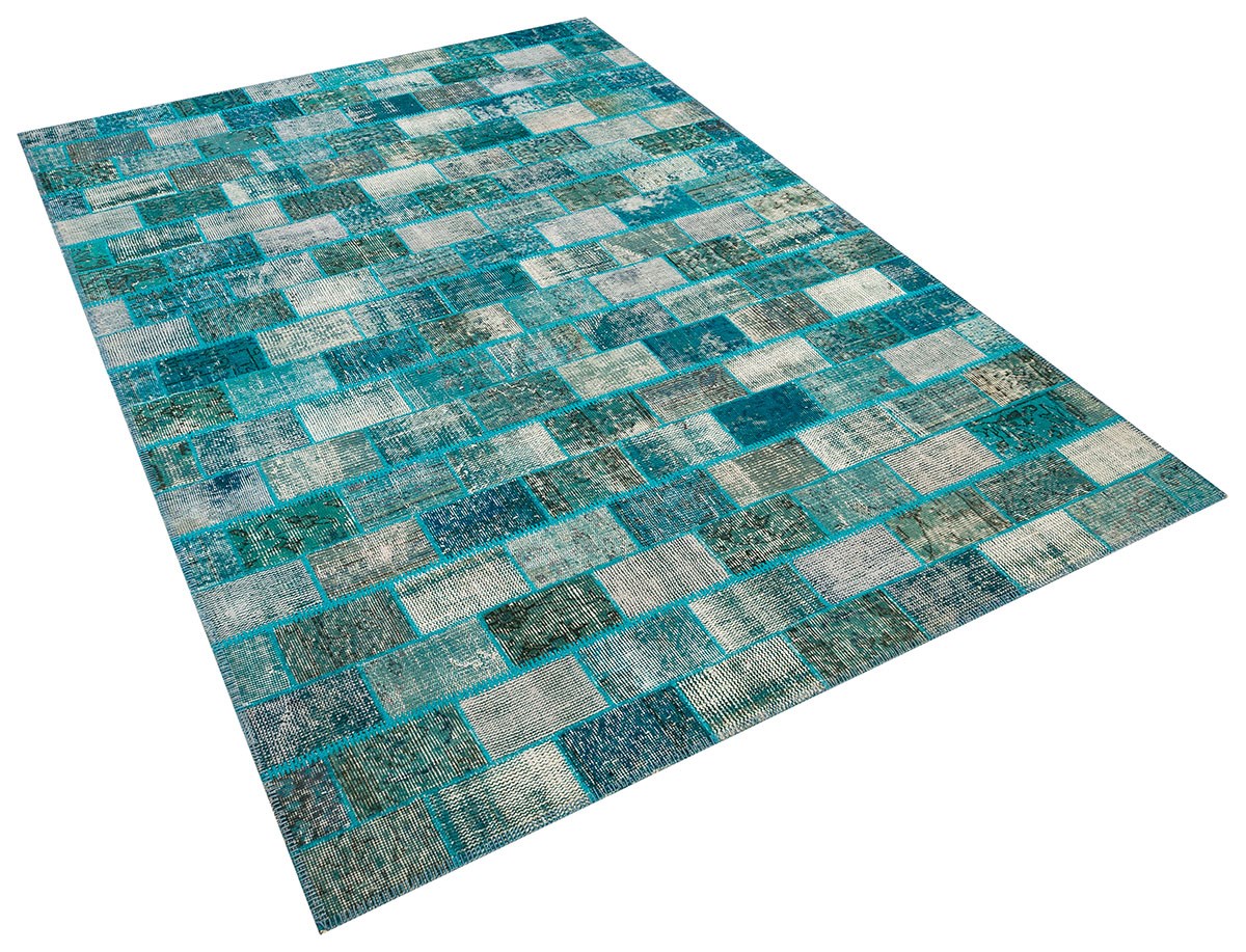 Modern El Dokuma Patchwork Halı Turkuaz Ölçü;166 x 240
