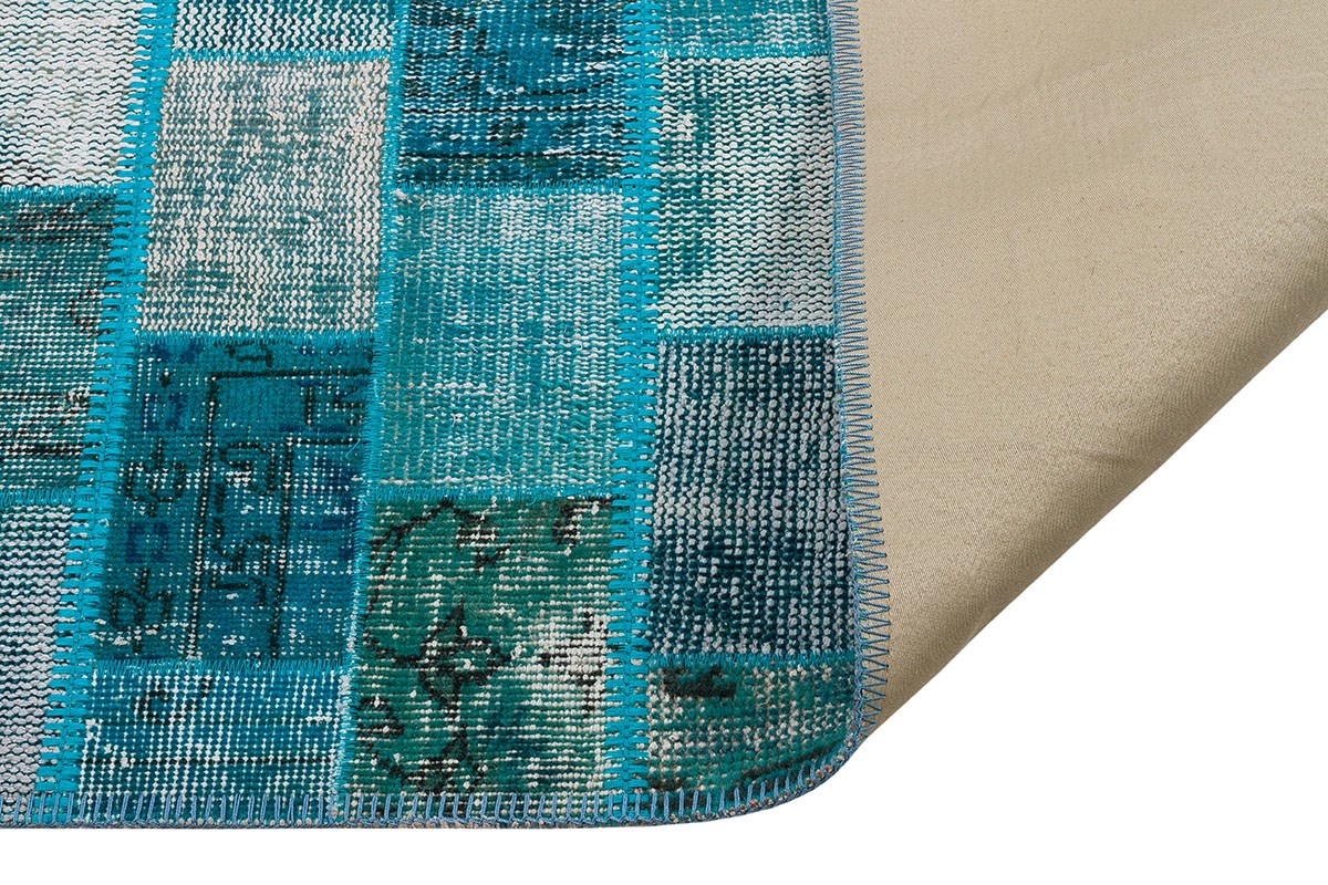 Modern El Dokuma Patchwork Halı Turkuaz Ölçü;166 x 240
