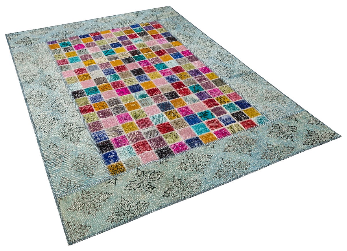 Modern El Dokuma Patchwork Halı Mozaik Detaylı Açık Mavi 4 m2 Ölçü;170 x 240