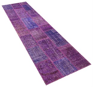 Modern El Dokuma Patchwork Halı Mor Kare Desenli Ölçü;80 x 300