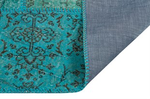 El Dokuma Yünlü Türk Patchwork Halı Turkuaz Ölçü;80 x 200